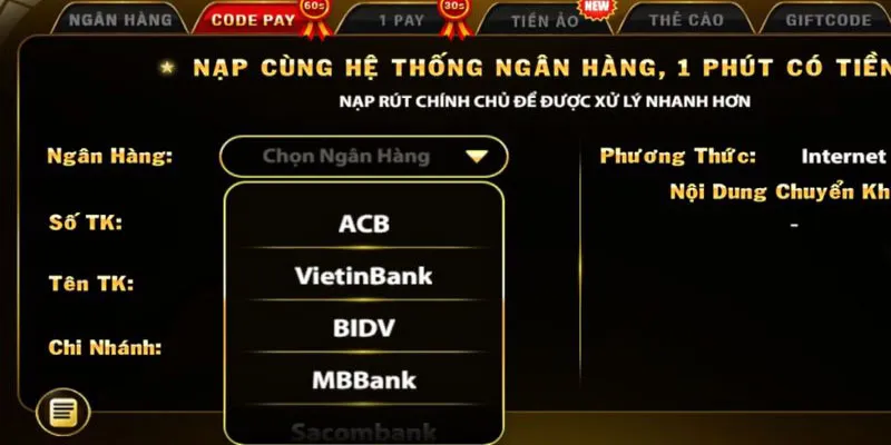 Hướng dẫn nạp rút Go88 1 Giao diện nạp tiền Go88