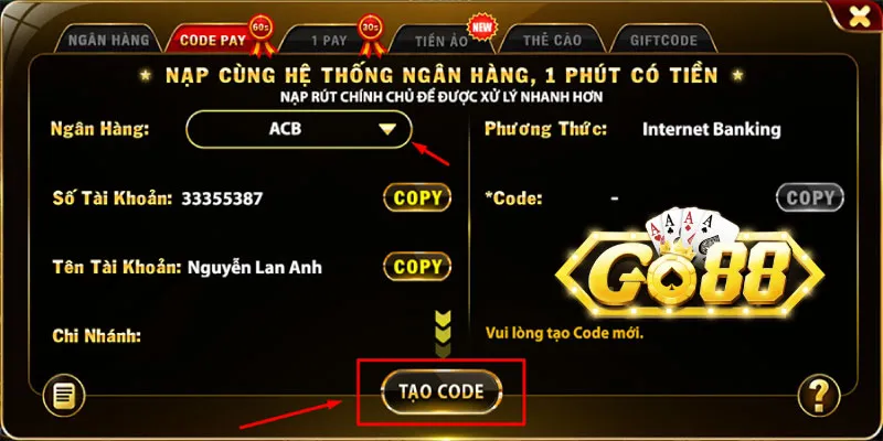 Khuyến mãi nạp tiền Go88 - Nạp đủ 500k tặng 88k 4 Giao diện nạp tiền Go88 chính thức