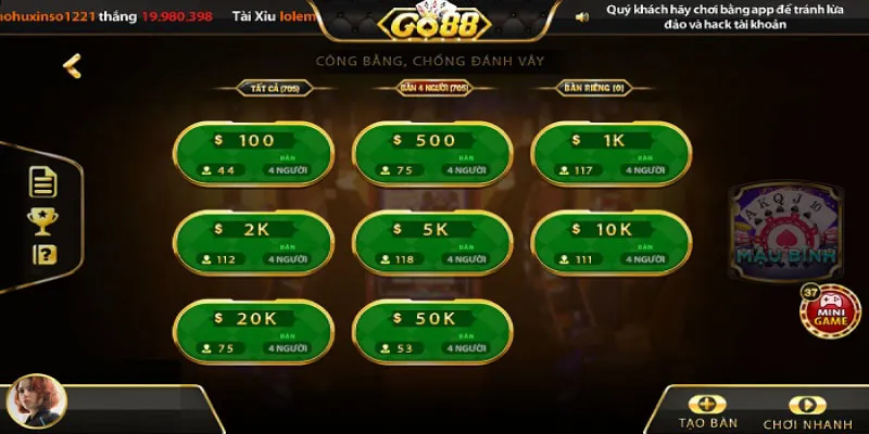 Mậu binh Go88 - Hướng dẫn luật và chiến thuật bất bại 4 Giao diện mậu binh Go88 chân thực