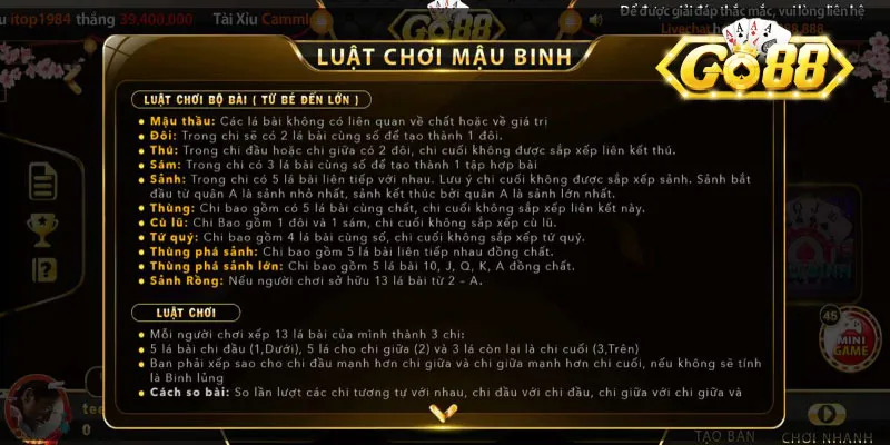 Mậu binh Go88 - Hướng dẫn luật và chiến thuật bất bại 3 Luật chơi và thuật ngữ Mậu binh Go88