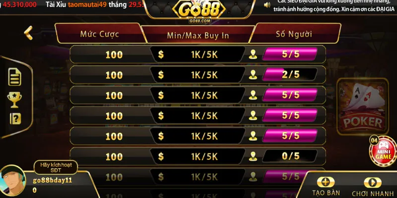 Rồng hổ Go88 - Hướng dẫn cách trở thành cao thủ 4 Các bàn cược rồng hổ tại cổng game Go88